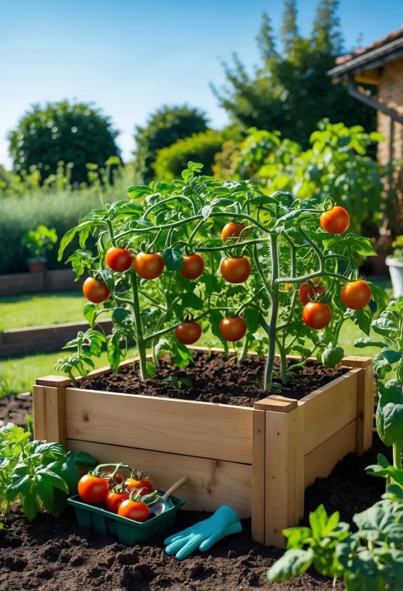 Raised garden bed with healthy tomato plants bearing ripe red tomatoes outdoors on a sunny day.