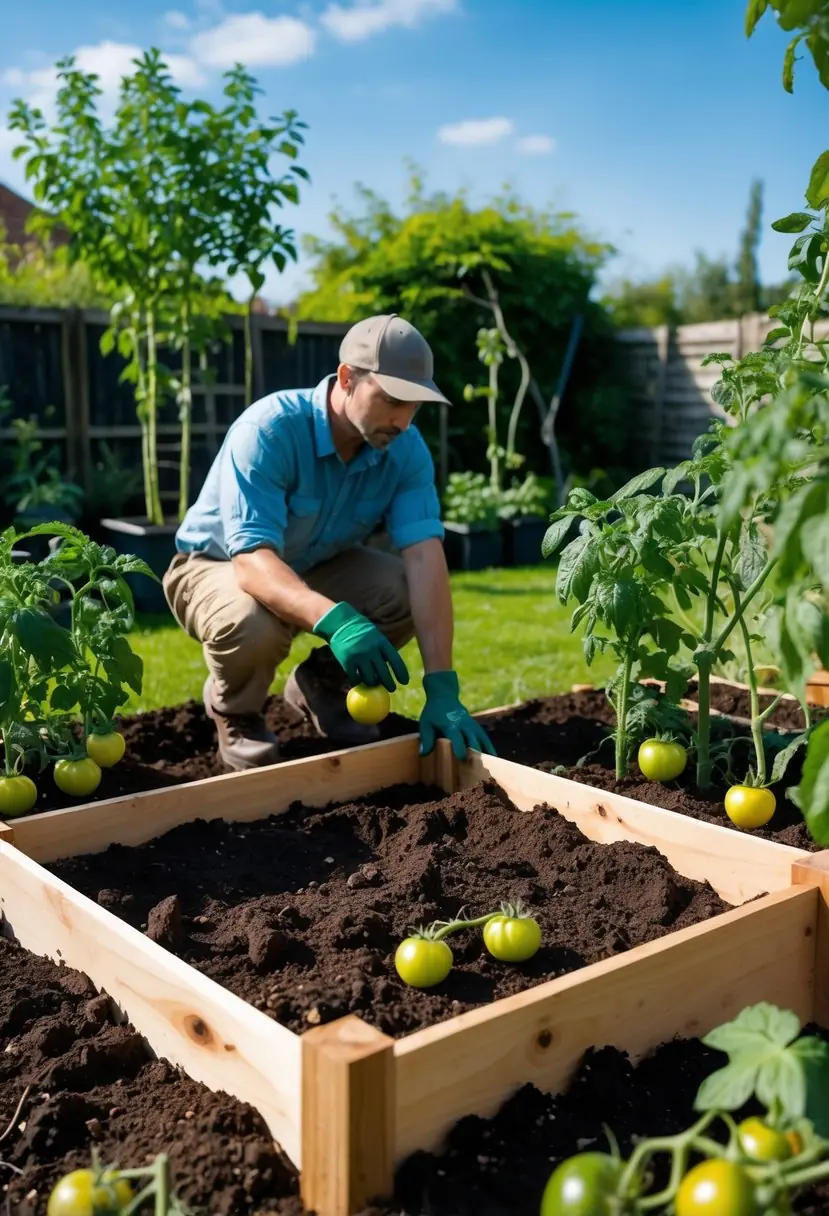 A person kneeling beside a wooden raised garden bed frame in a sunny backyard, examining soil and tomato plants nearby.