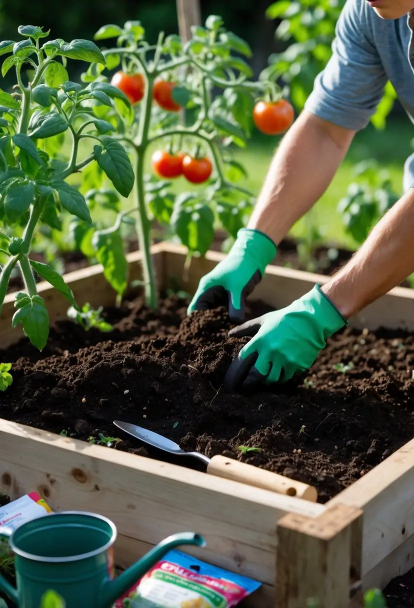 Hands preparing soil in a wooden raised garden bed with tomato plants growing nearby.