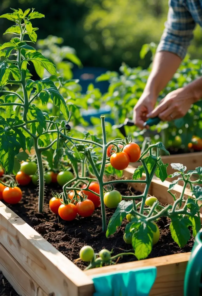 A raised garden bed with healthy tomato plants bearing ripe and unripe tomatoes, with a gardener's hand tending to them.