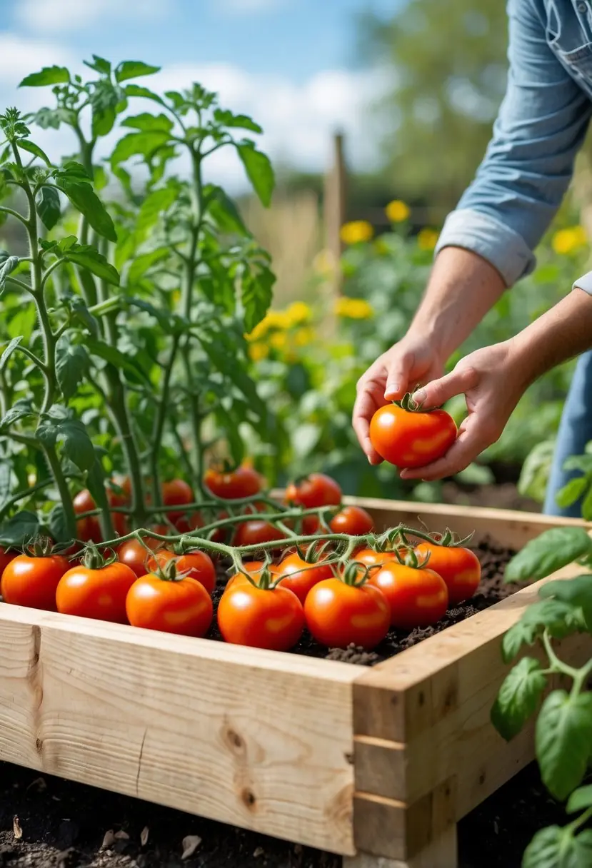 Hands harvesting ripe tomatoes from a raised garden bed filled with healthy tomato plants outdoors.