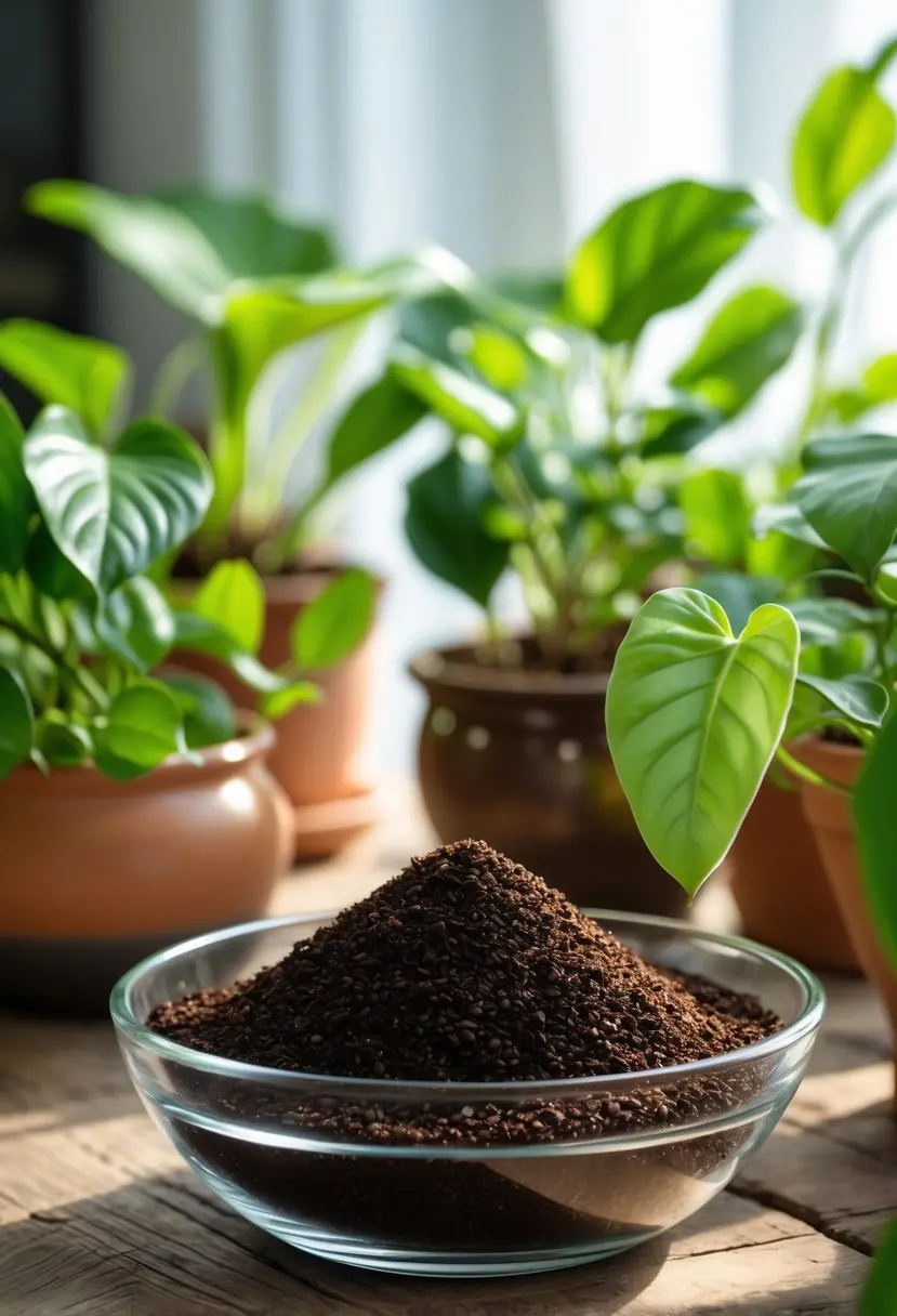 A bowl of coffee grounds next to several healthy green houseplants on a wooden surface.