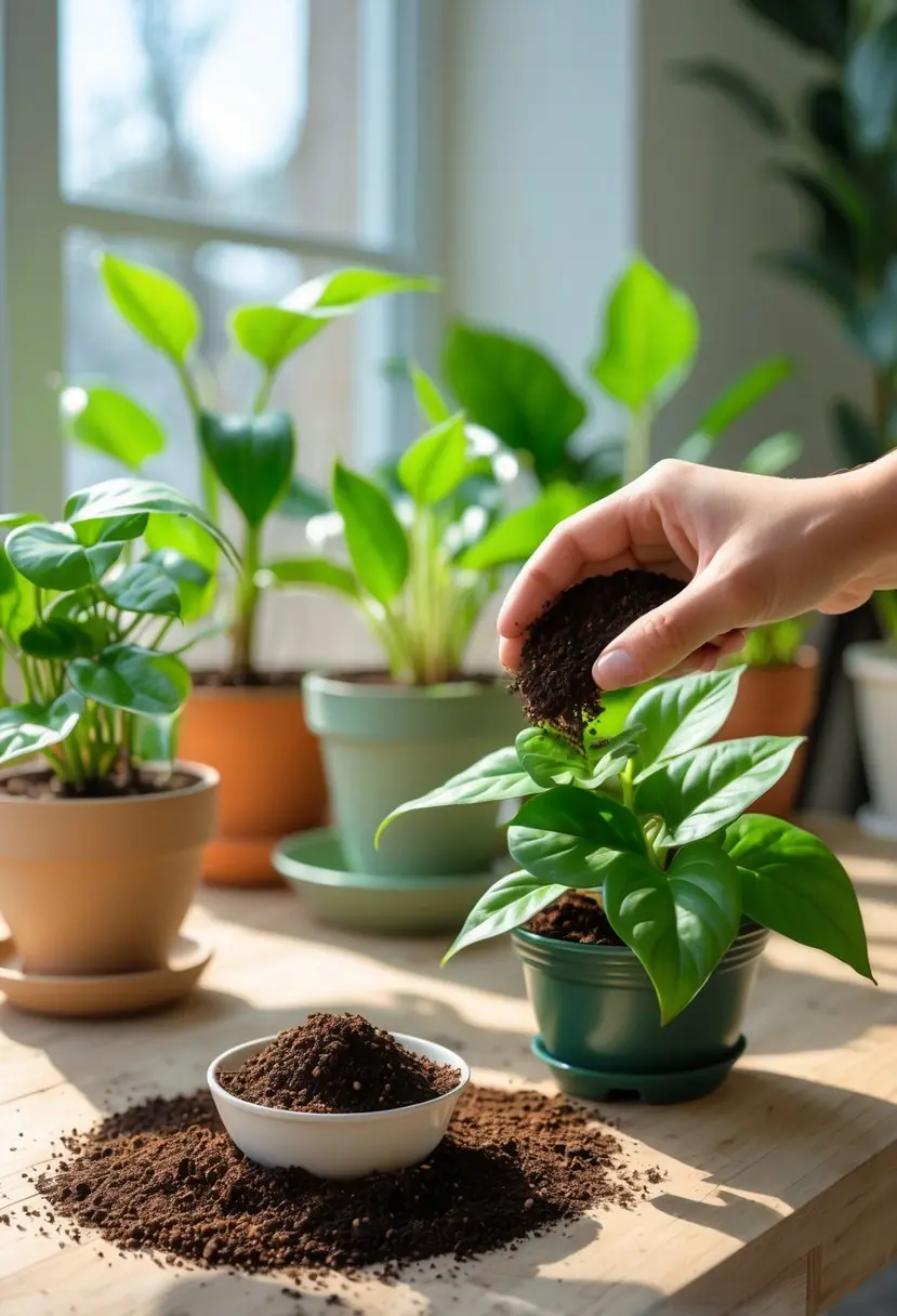 A hand sprinkling coffee grounds onto the soil of a healthy indoor plant surrounded by other green houseplants near a sunlit window.