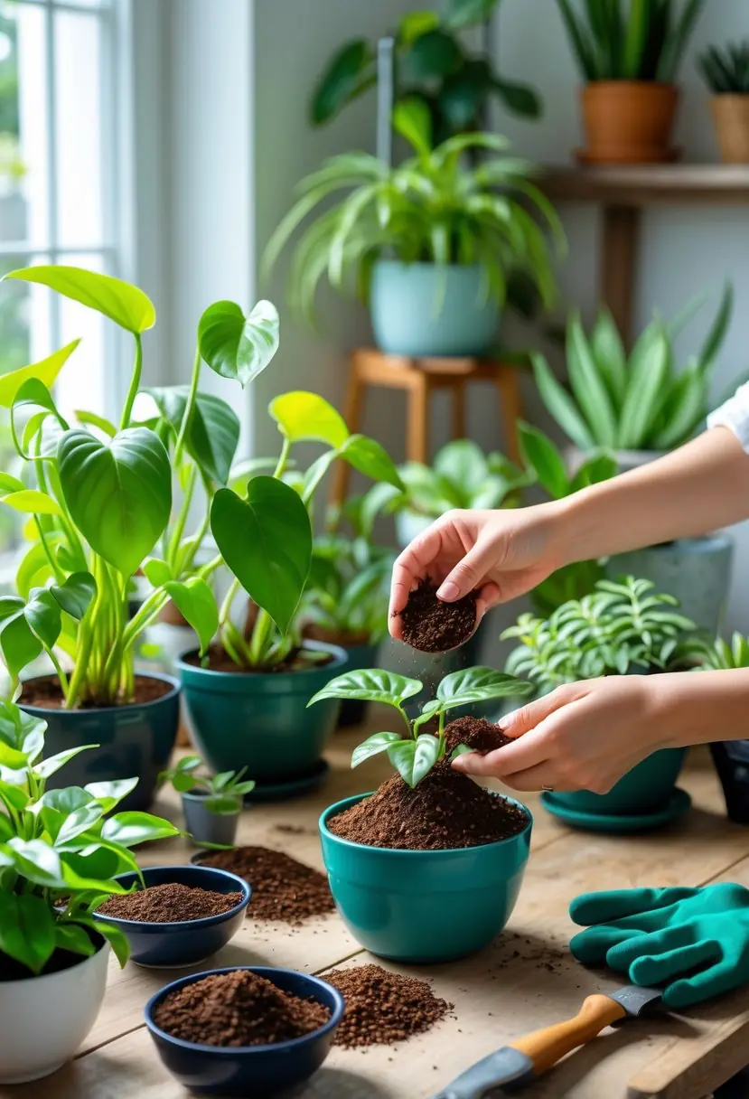 Hands sprinkling coffee grounds onto the soil of healthy houseplants arranged on a wooden table near a sunlit window.