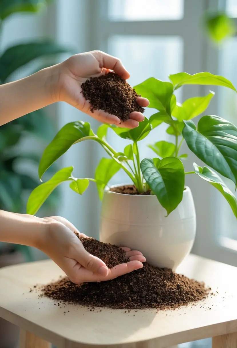 Hands sprinkling coffee grounds onto the soil of a healthy houseplant indoors.