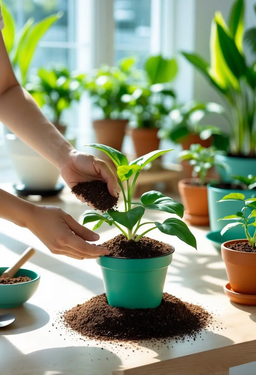 Hands sprinkling coffee grounds around a potted houseplant on a wooden table with several other green plants in the background.