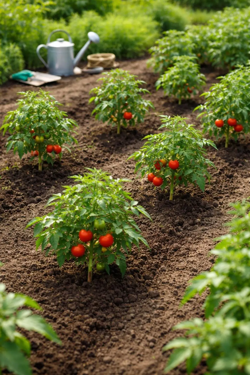 A garden with healthy tomato plants spaced evenly in rows with ripe tomatoes and gardening tools nearby.