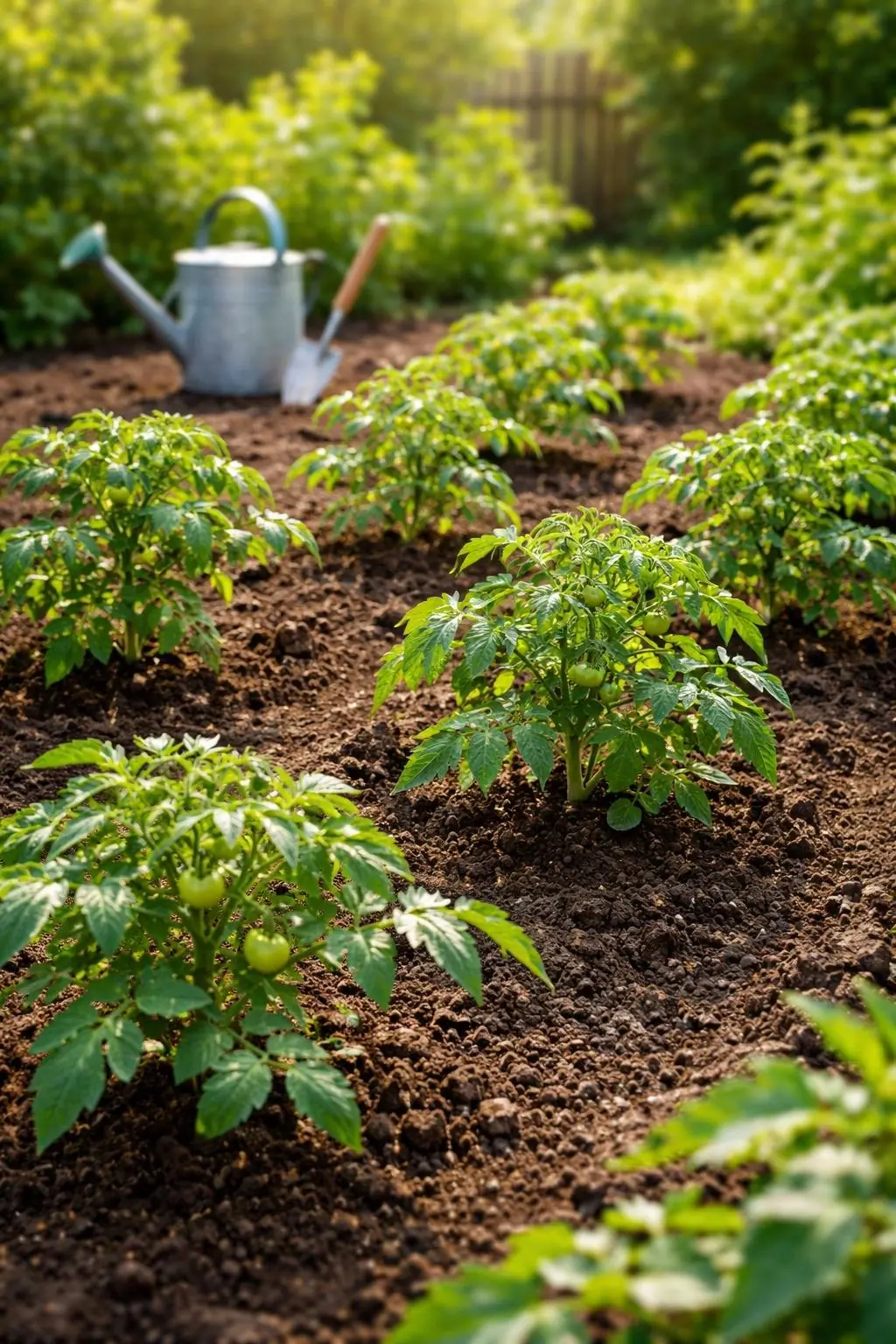 Rows of healthy tomato plants spaced evenly in a backyard garden with gardening tools nearby.