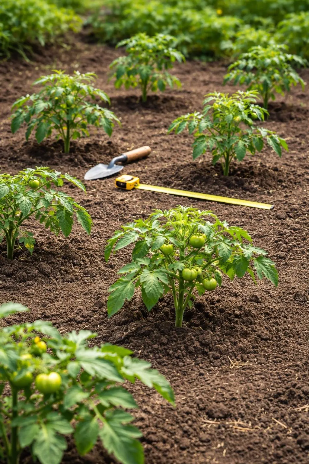 A garden bed with evenly spaced healthy tomato plants growing in dark soil, with gardening tools nearby.