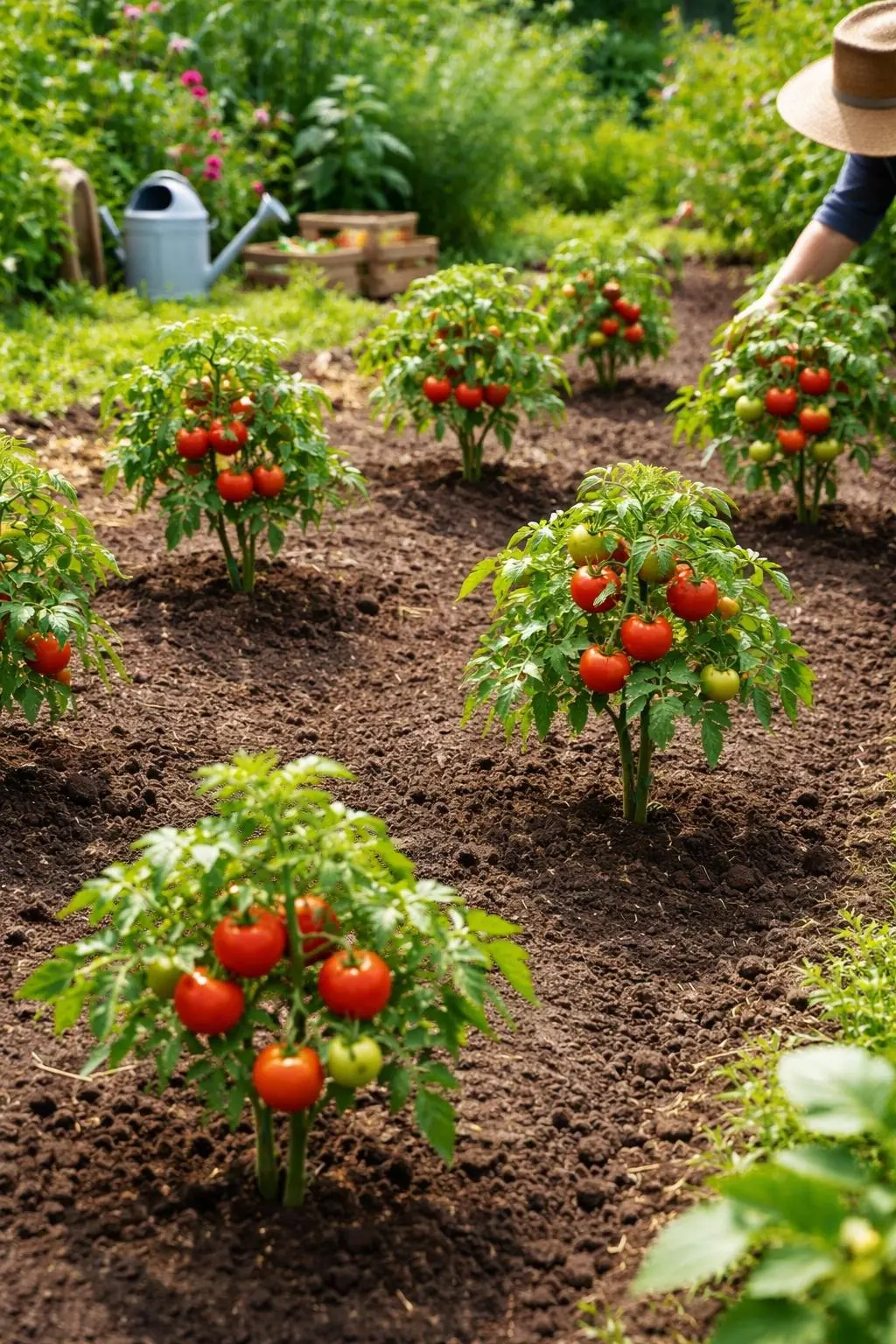 Rows of healthy tomato plants spaced evenly in a garden with ripe tomatoes and a gardener's hand tending to them.