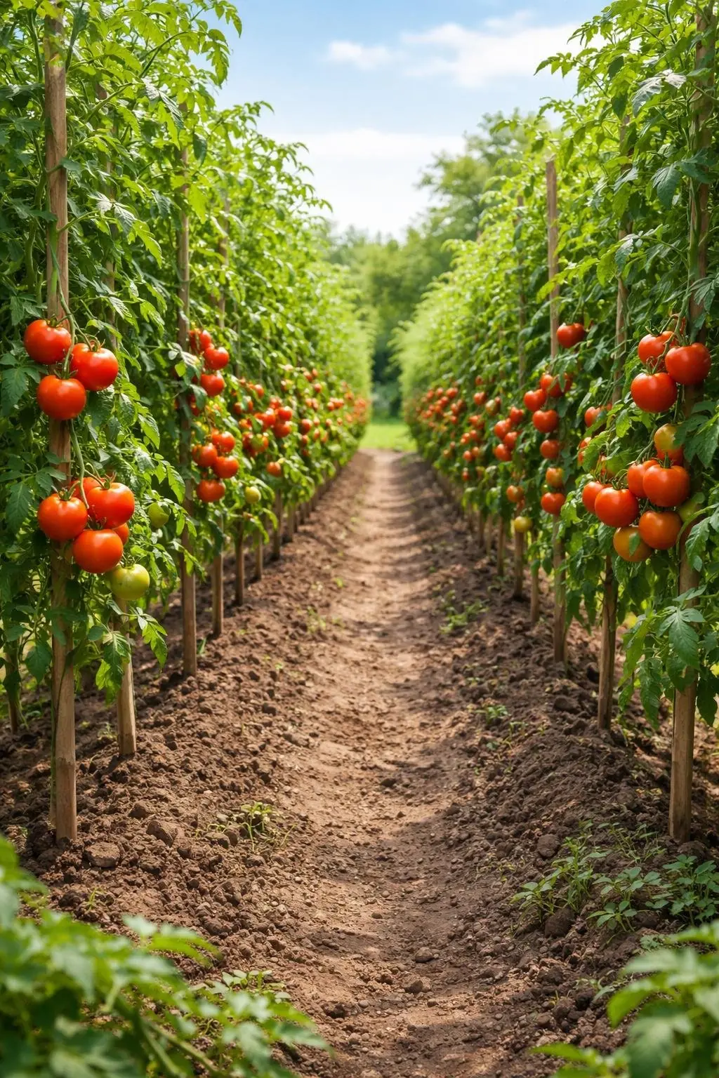 Rows of evenly spaced tomato plants supported by stakes in a sunny garden with ripe red tomatoes.
