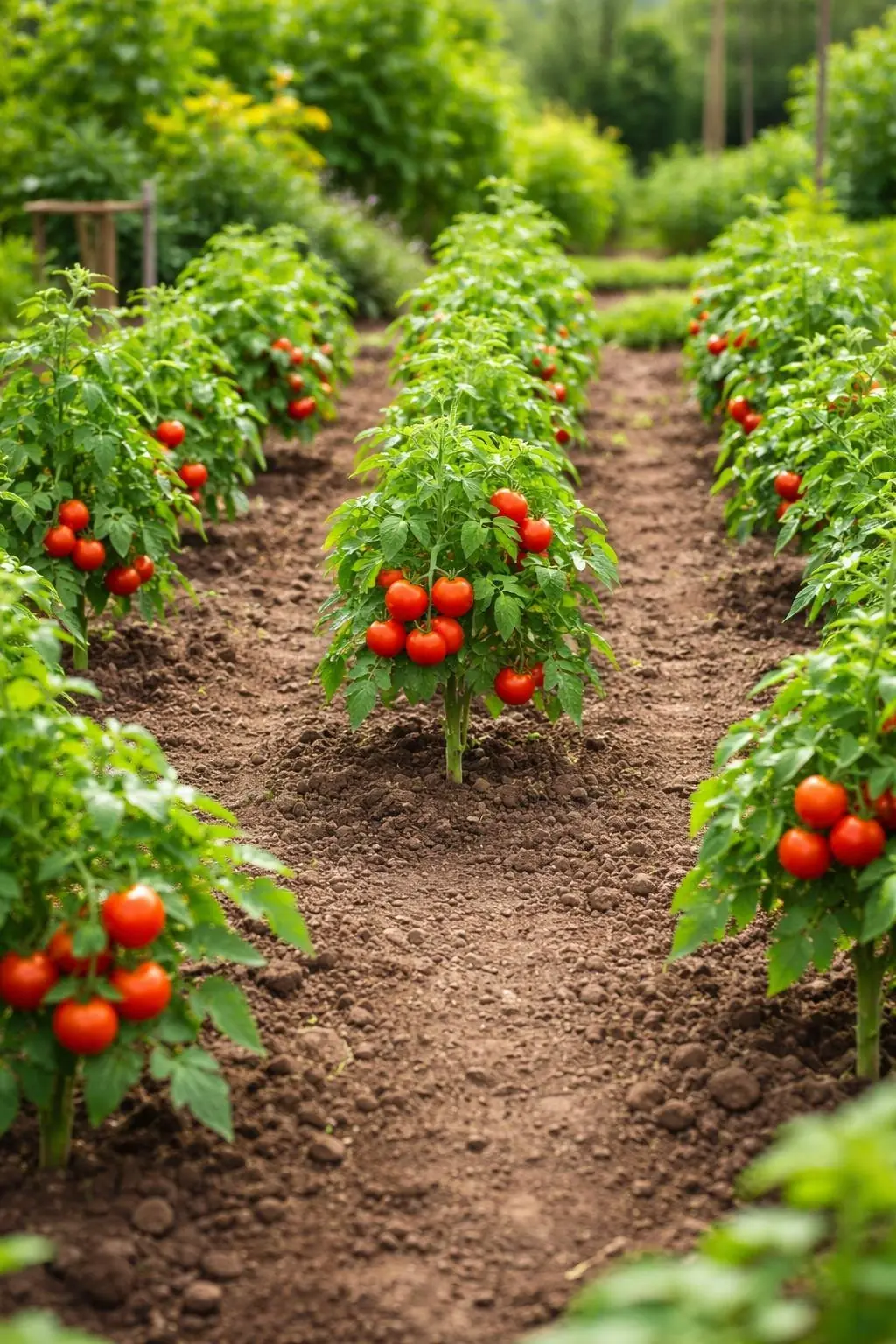 Tomato plants spaced evenly in a garden with ripe tomatoes and healthy green leaves.
