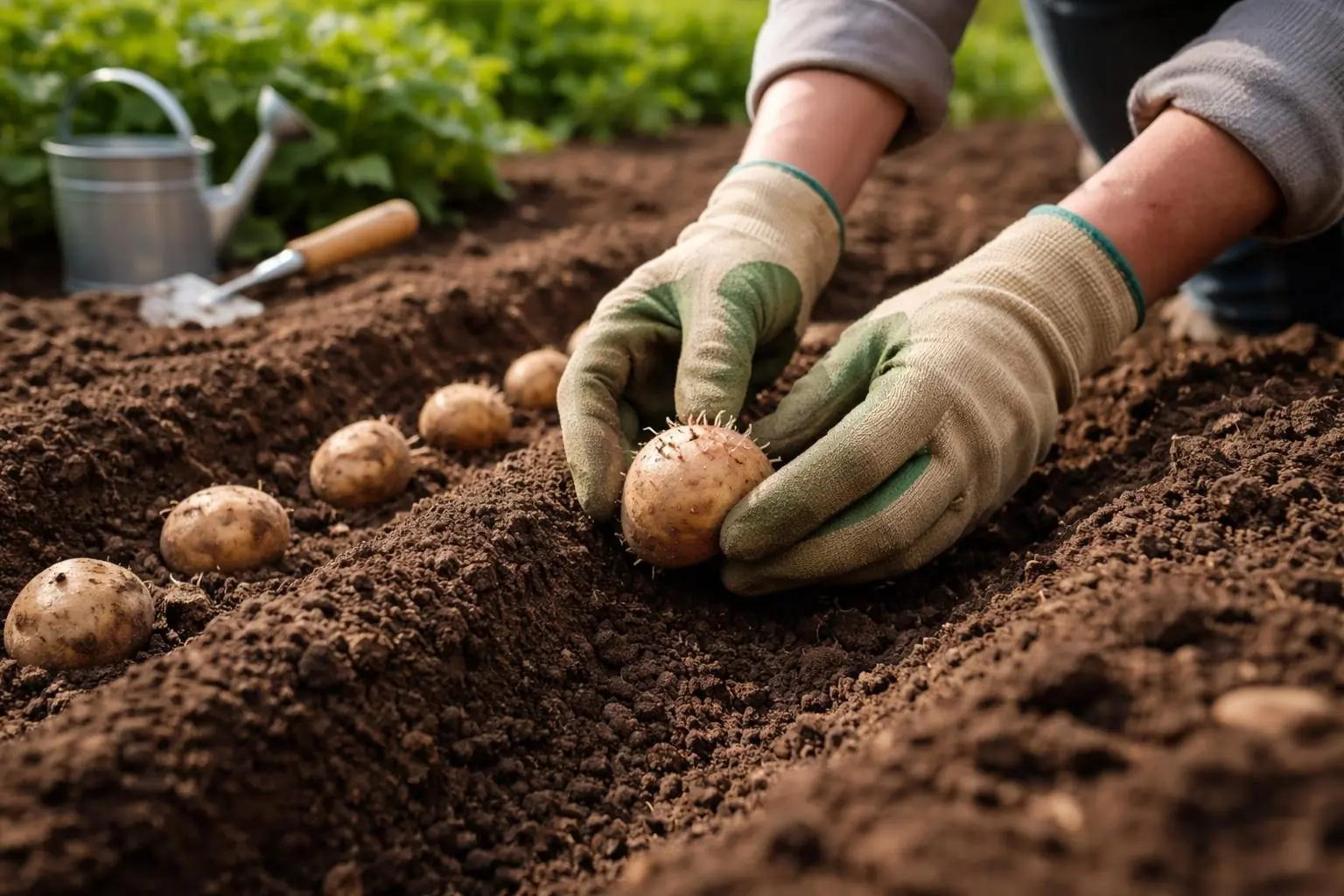 Hands planting seed potatoes into soil in a garden bed with gardening tools nearby.