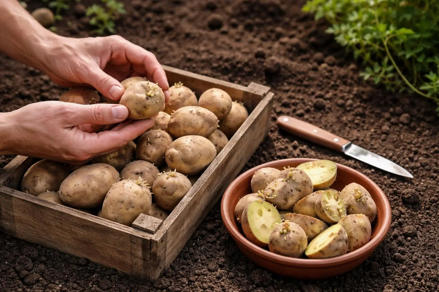 Hands selecting and preparing seed potatoes outdoors with gardening tools and soil visible.