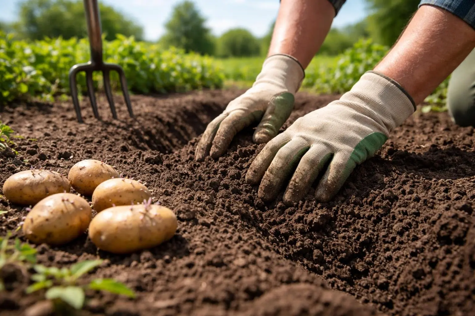 Hands preparing soil and placing seed potatoes in a garden bed outdoors.