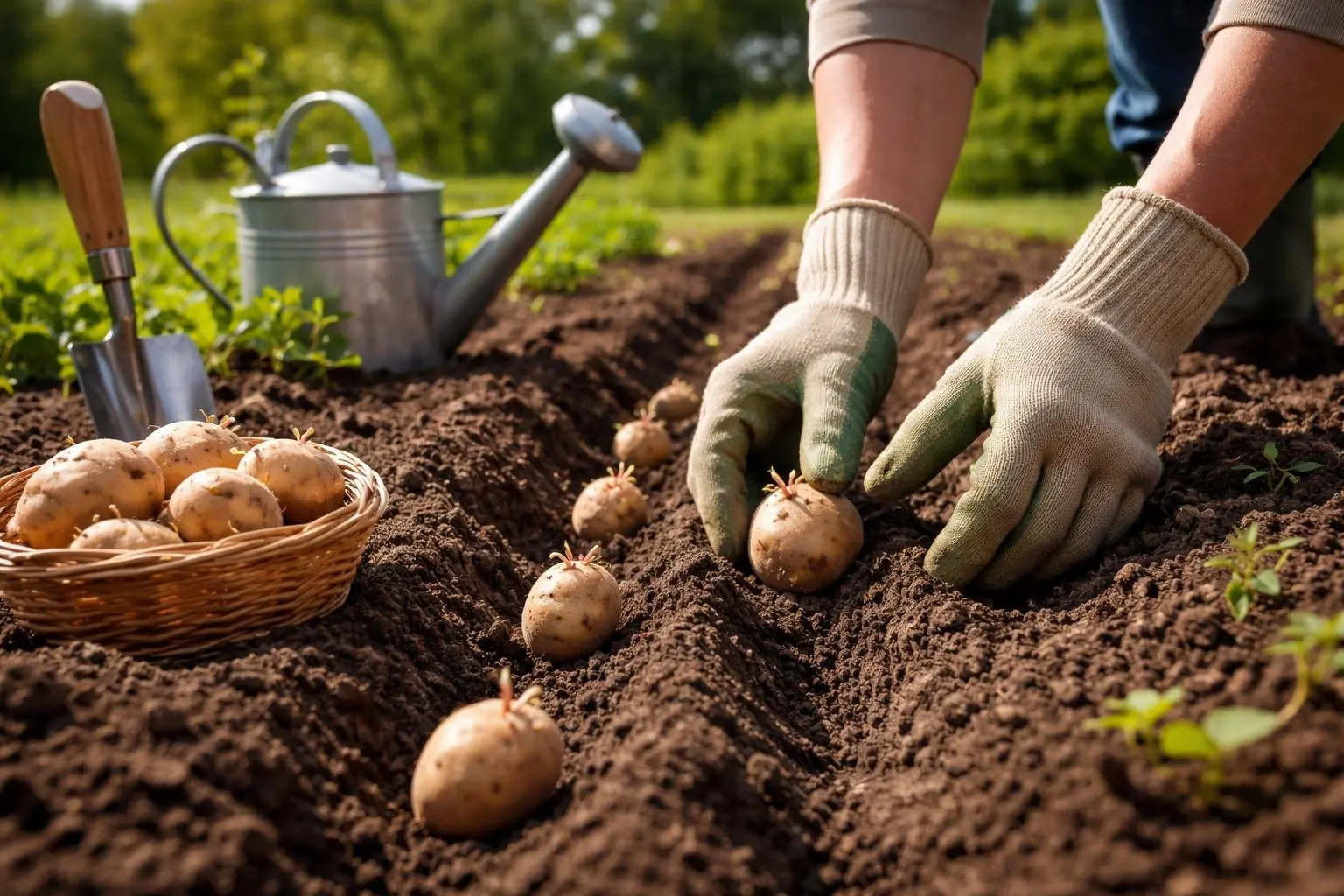 Hands planting seed potatoes in soil with gardening tools nearby in an outdoor garden.