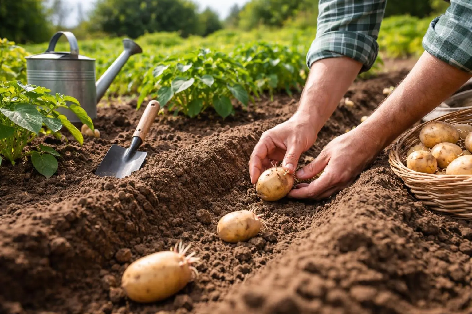 Hands planting seed potatoes into soil in a sunny garden with green potato plants and gardening tools nearby.