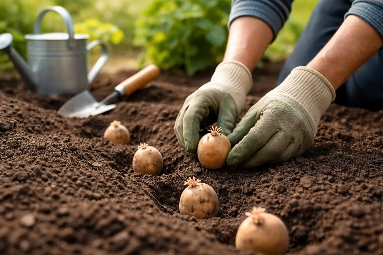 Hands planting seed potatoes in soil in a garden with gardening tools nearby.