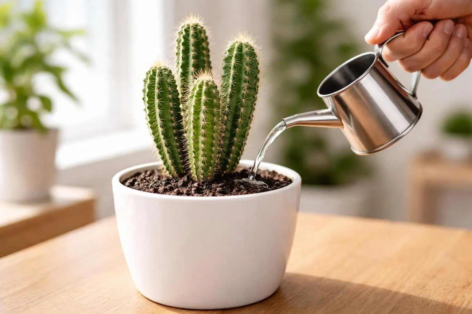 A green cactus in a white pot being watered with a small watering can on a wooden table near a sunny window.