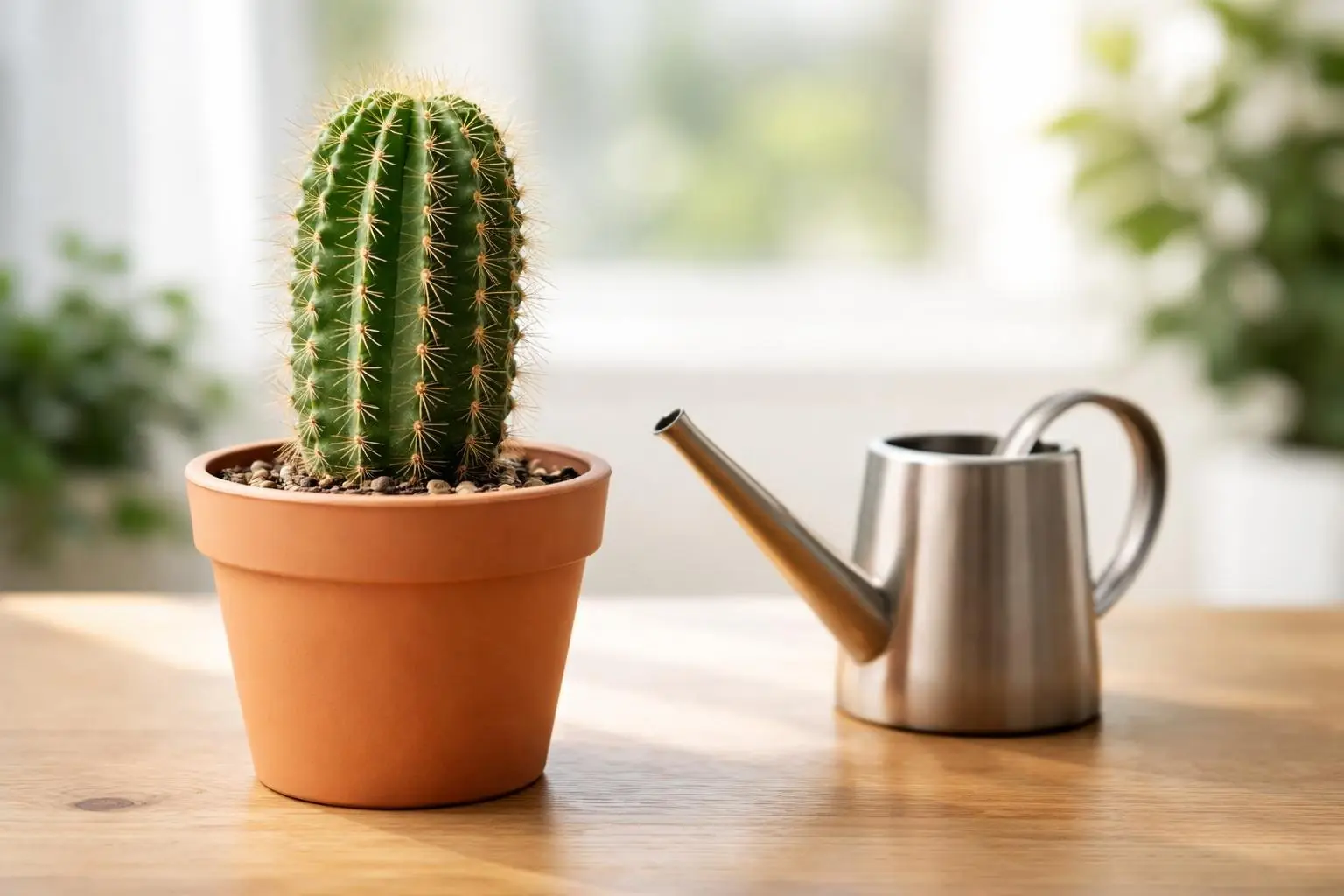 A healthy cactus in a terracotta pot on a wooden table next to a small watering can in a softly lit indoor setting.
