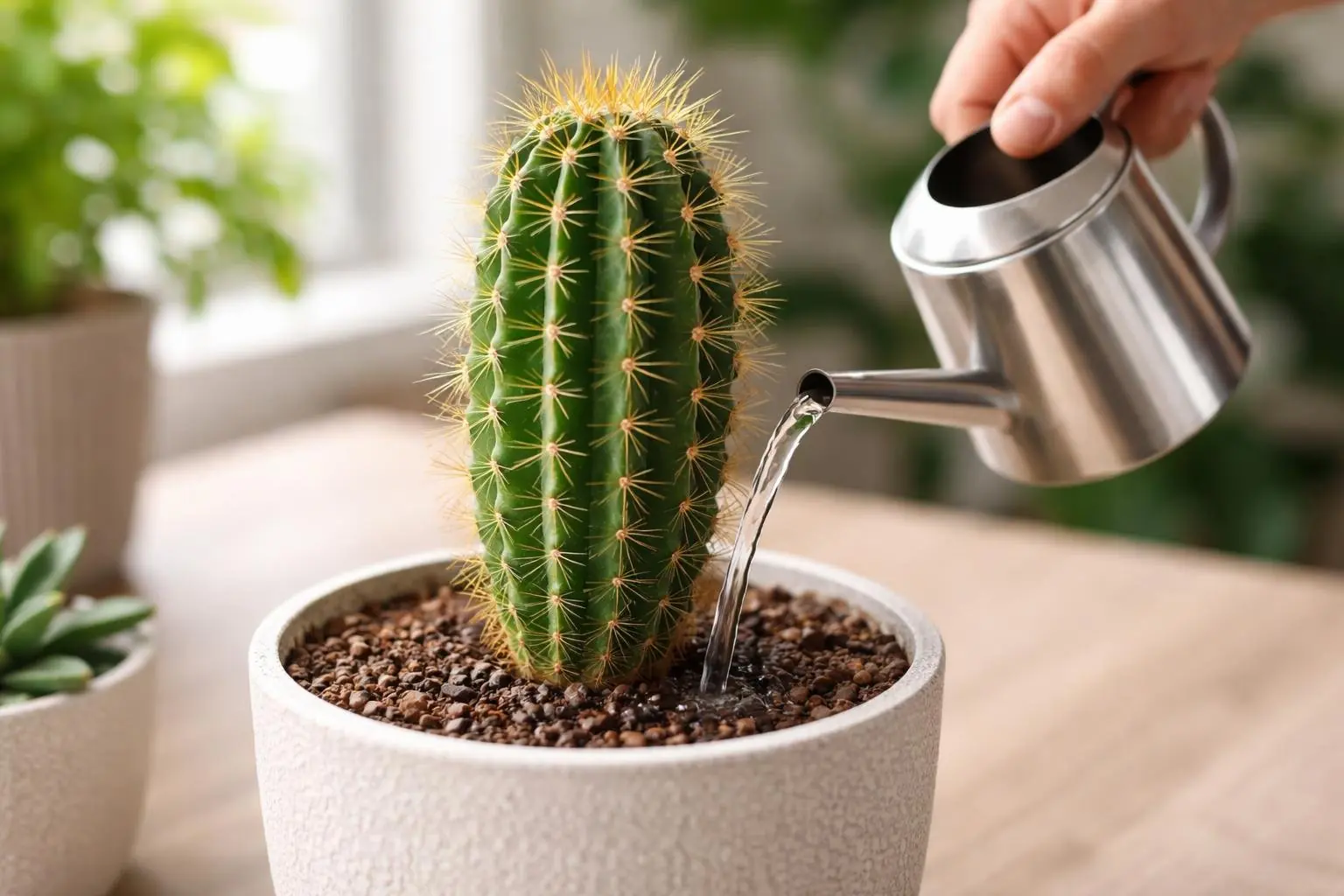 A person watering a healthy green cactus plant indoors with a small watering can.