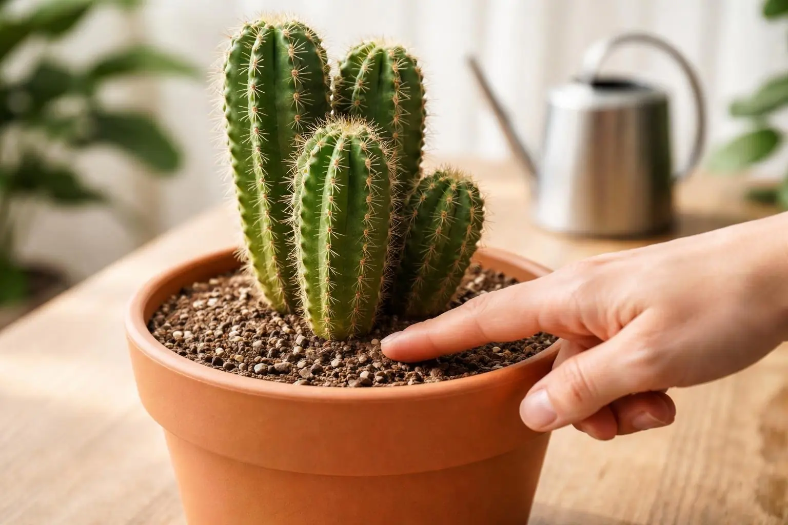 Close-up of a healthy cactus in a pot with a hand gently touching the soil, a watering can is visible in the background on a wooden table.