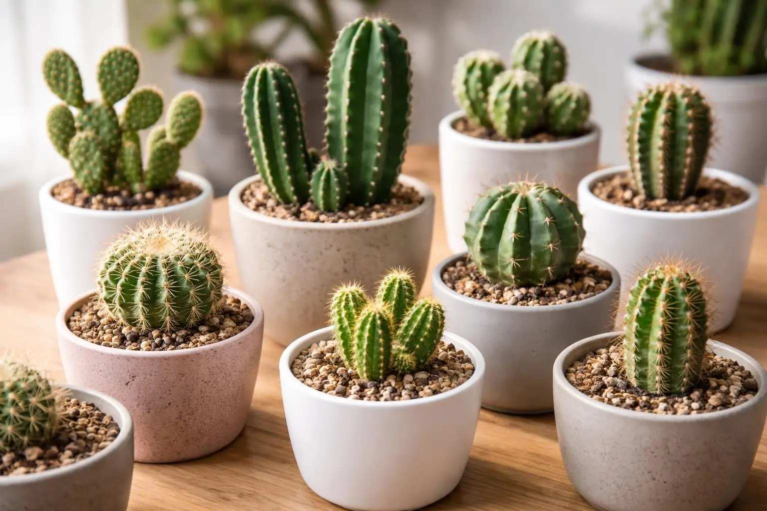 Several healthy cacti in clean pots with dry soil arranged on a wooden surface.