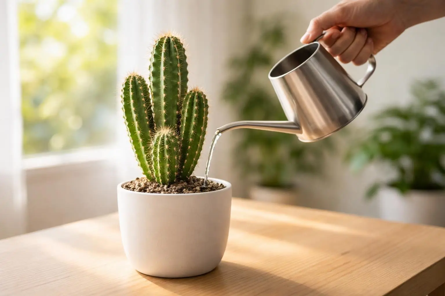 A hand watering a healthy cactus plant in a pot on a wooden table near a sunny window.