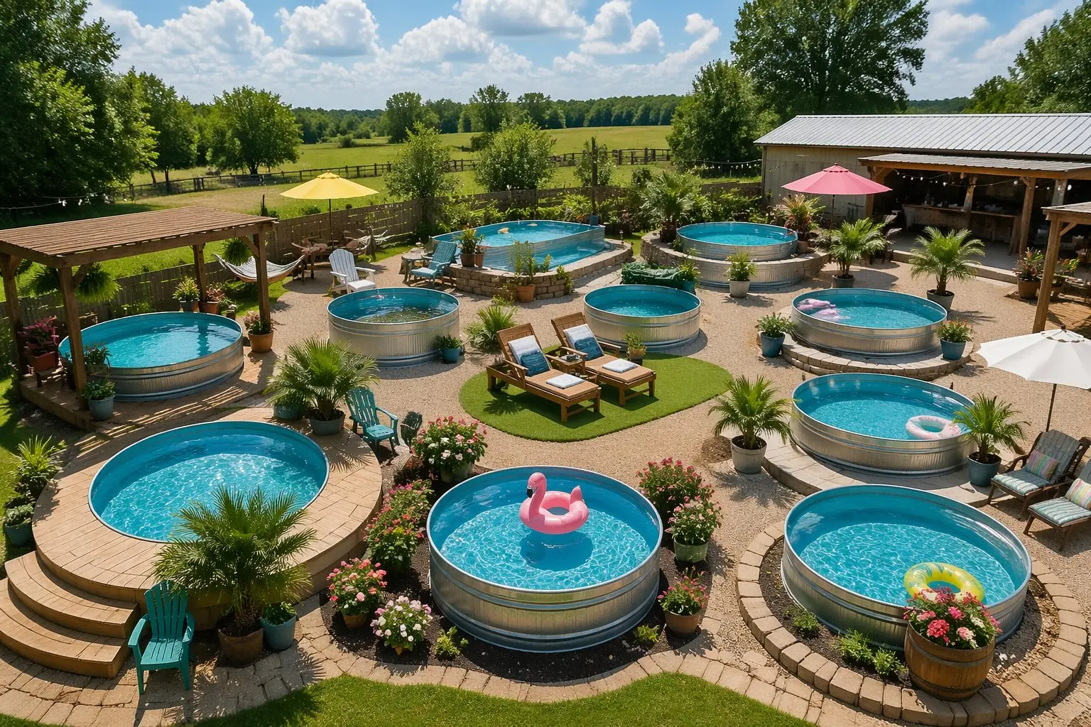 A backyard featuring 13 different stock tank pools with water, surrounded by plants, lounge chairs, and outdoor decorations.