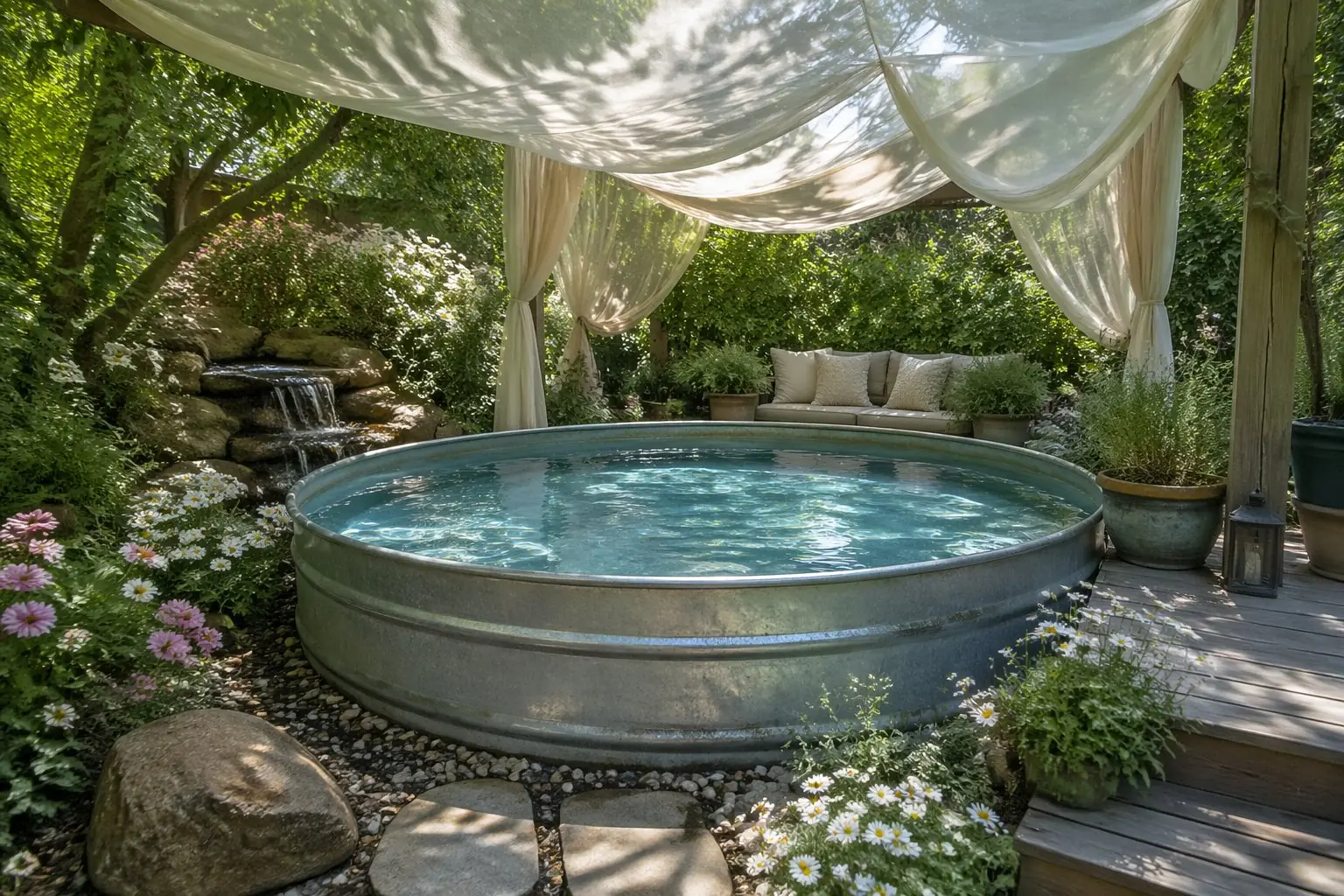 A rustic stock tank pool with clear water under a sheer canopy surrounded by lush green plants and flowers in a garden.
