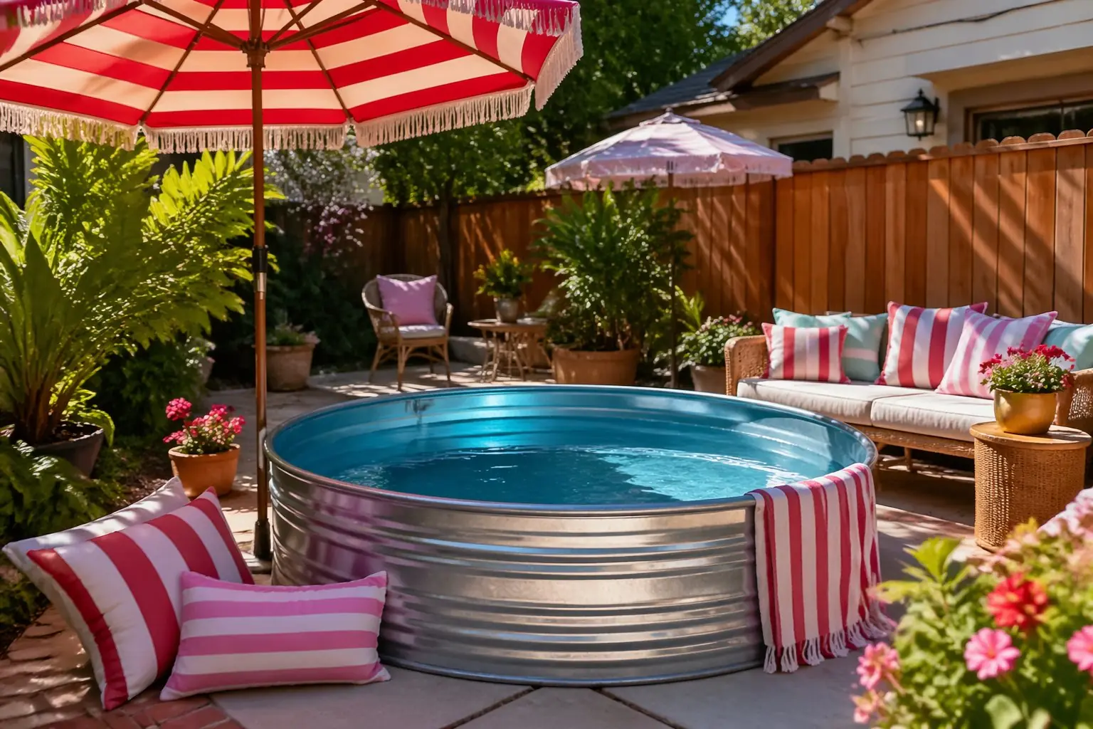 A backyard with a metal stock tank pool surrounded by candy-striped cushions and umbrellas, green plants, and outdoor furniture.