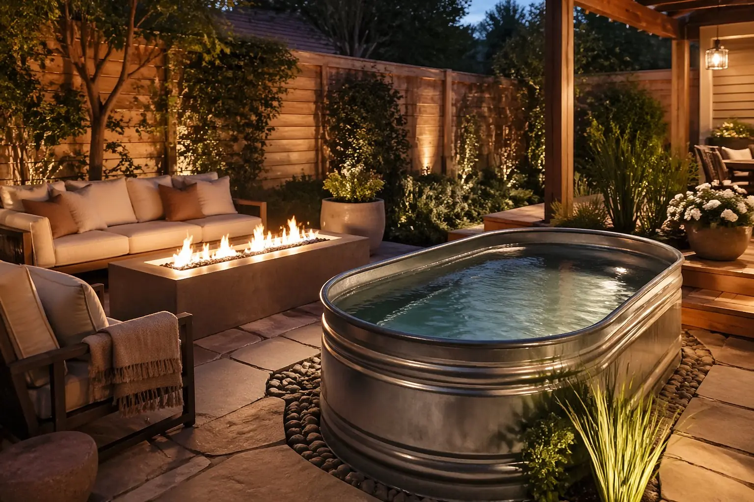 An outdoor stock tank pool with a modern fire feature surrounded by stone decking and seating, illuminated softly in the evening.