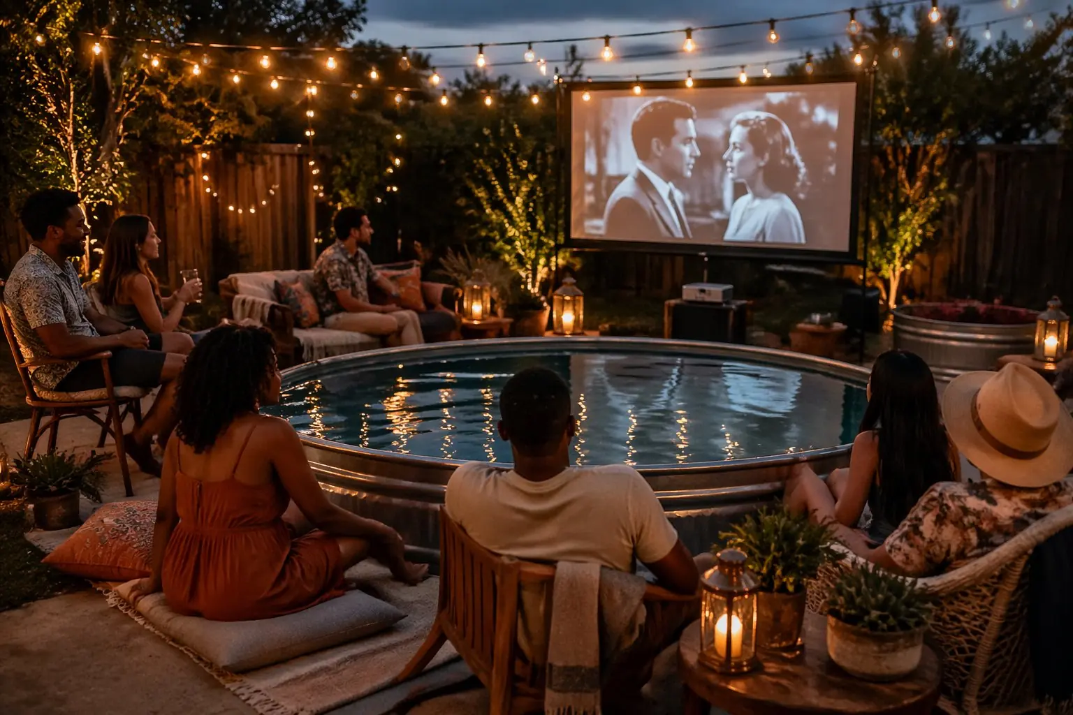 People enjoying an outdoor movie night around a stock tank pool with string lights and a large screen at dusk.