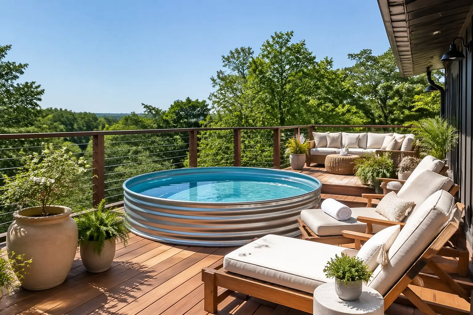 An elevated deck with a stock tank pool and comfortable lounge chairs surrounded by plants under a clear sky.