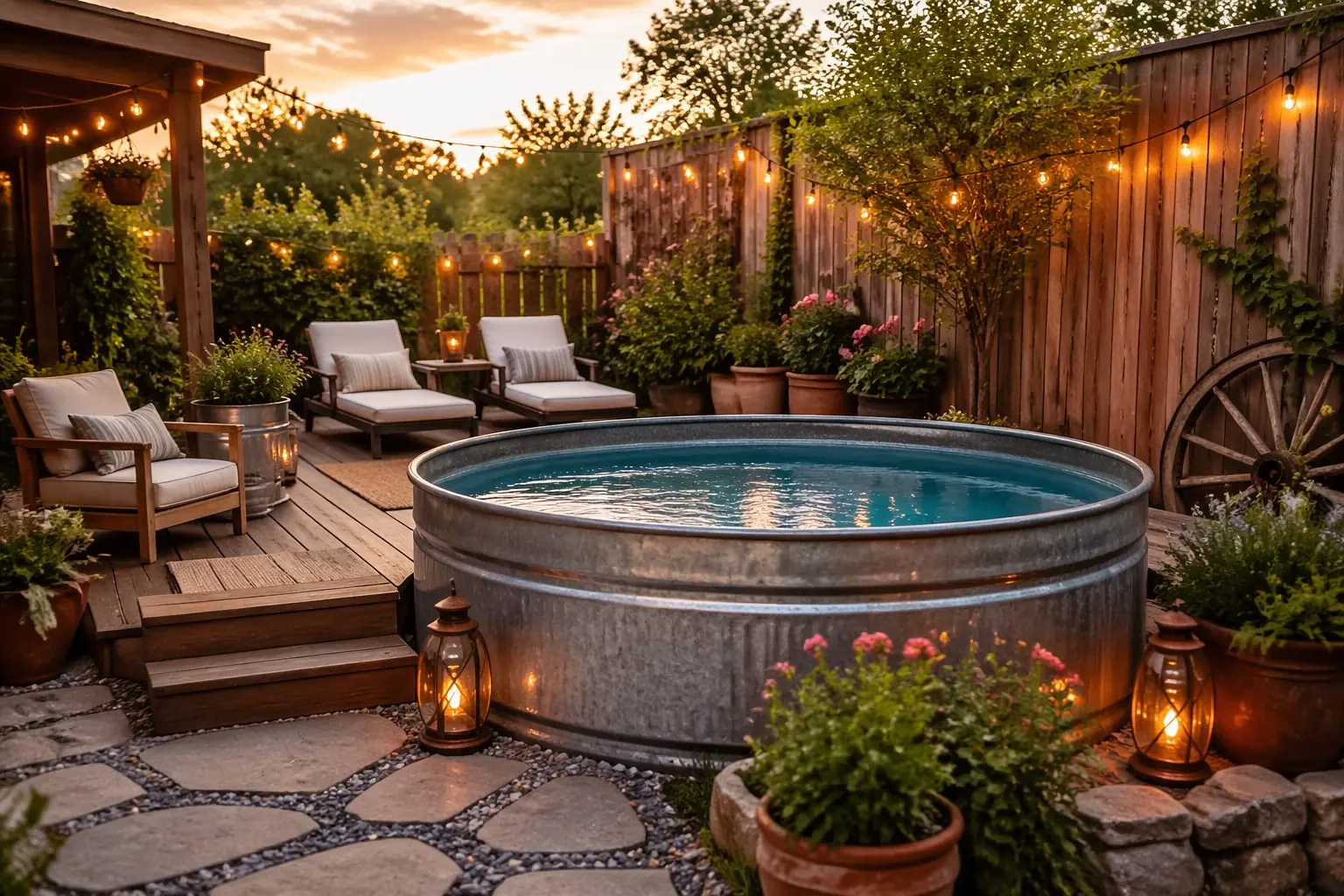 A backyard with a metal stock tank pool surrounded by wooden decking, outdoor seating, plants, and string lights during sunset.