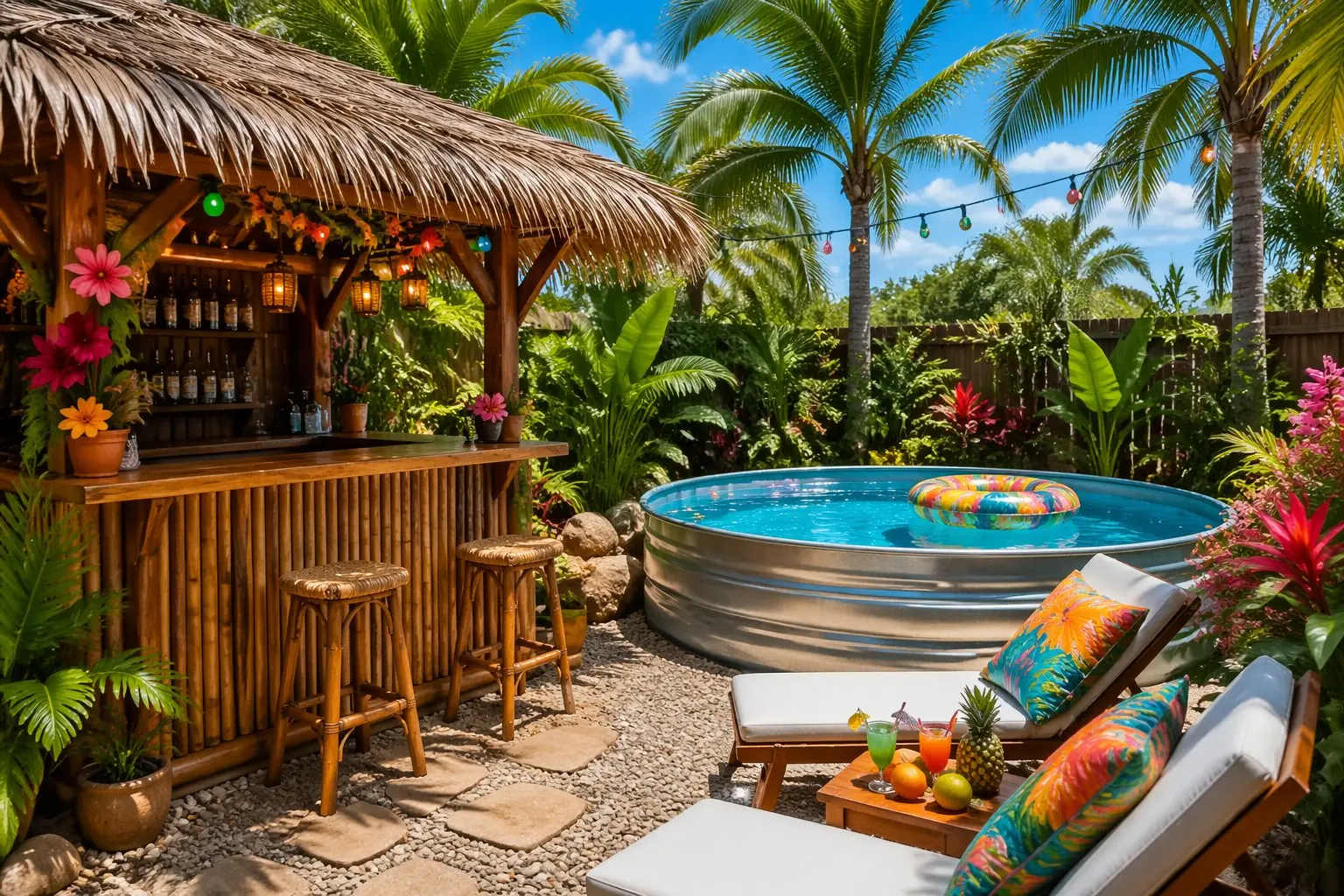 A tropical backyard with a DIY tiki bar next to a clear stock tank pool surrounded by palm trees, tropical plants, and lounge chairs.