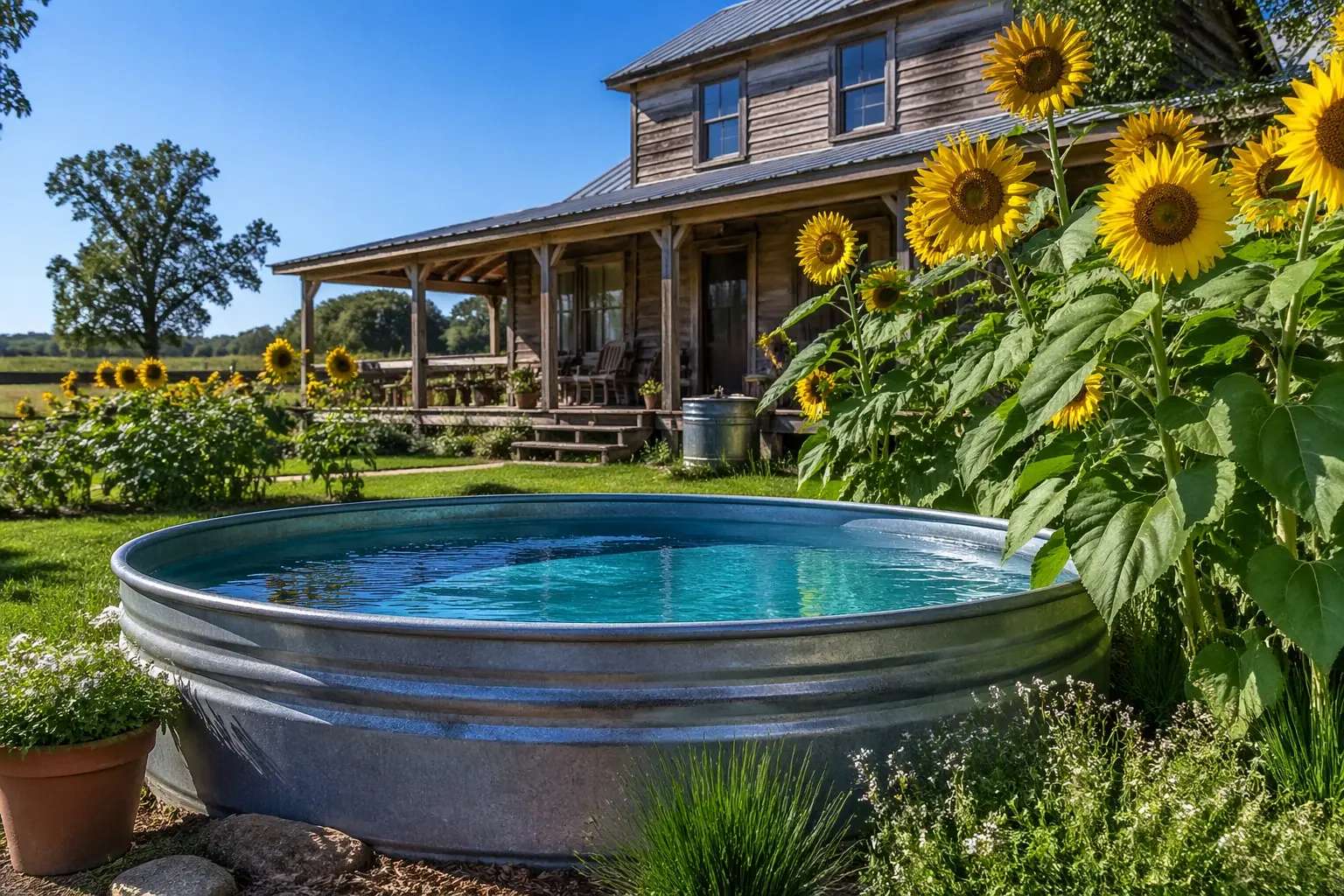 A farmhouse backyard with a rustic stock tank pool surrounded by blooming sunflowers and green grass.