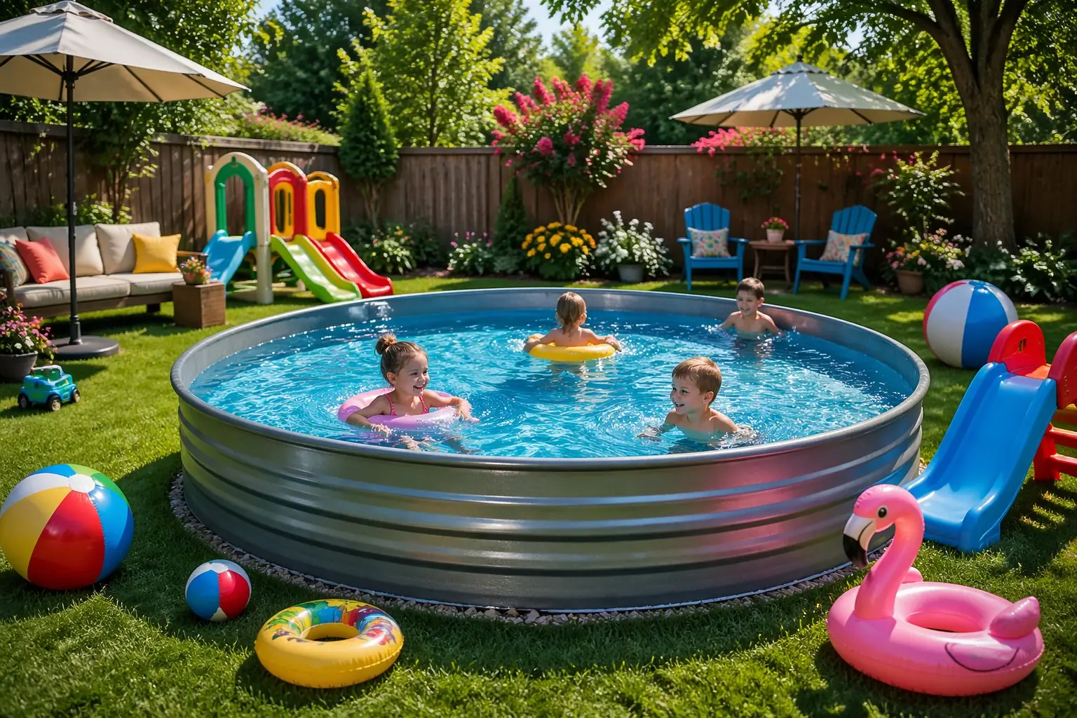 A backyard with a round stock tank pool surrounded by children's play equipment, grass, and seating areas.