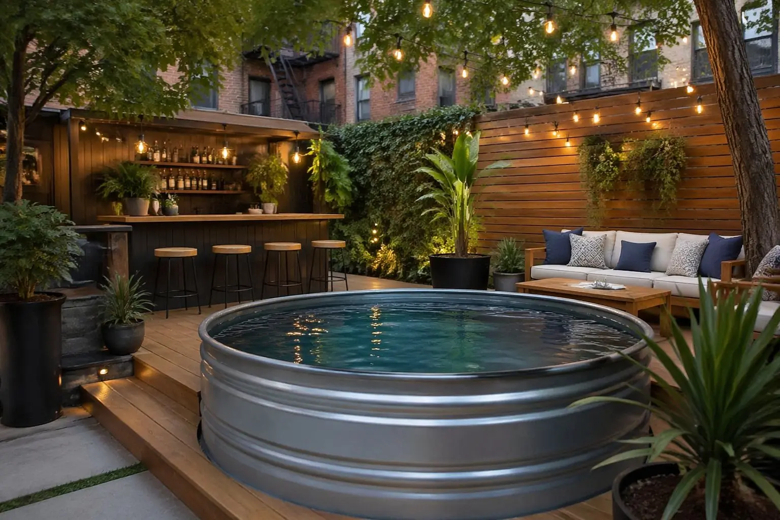 Urban backyard with a stock tank pool, outdoor bar, seating, and plants under string lights.