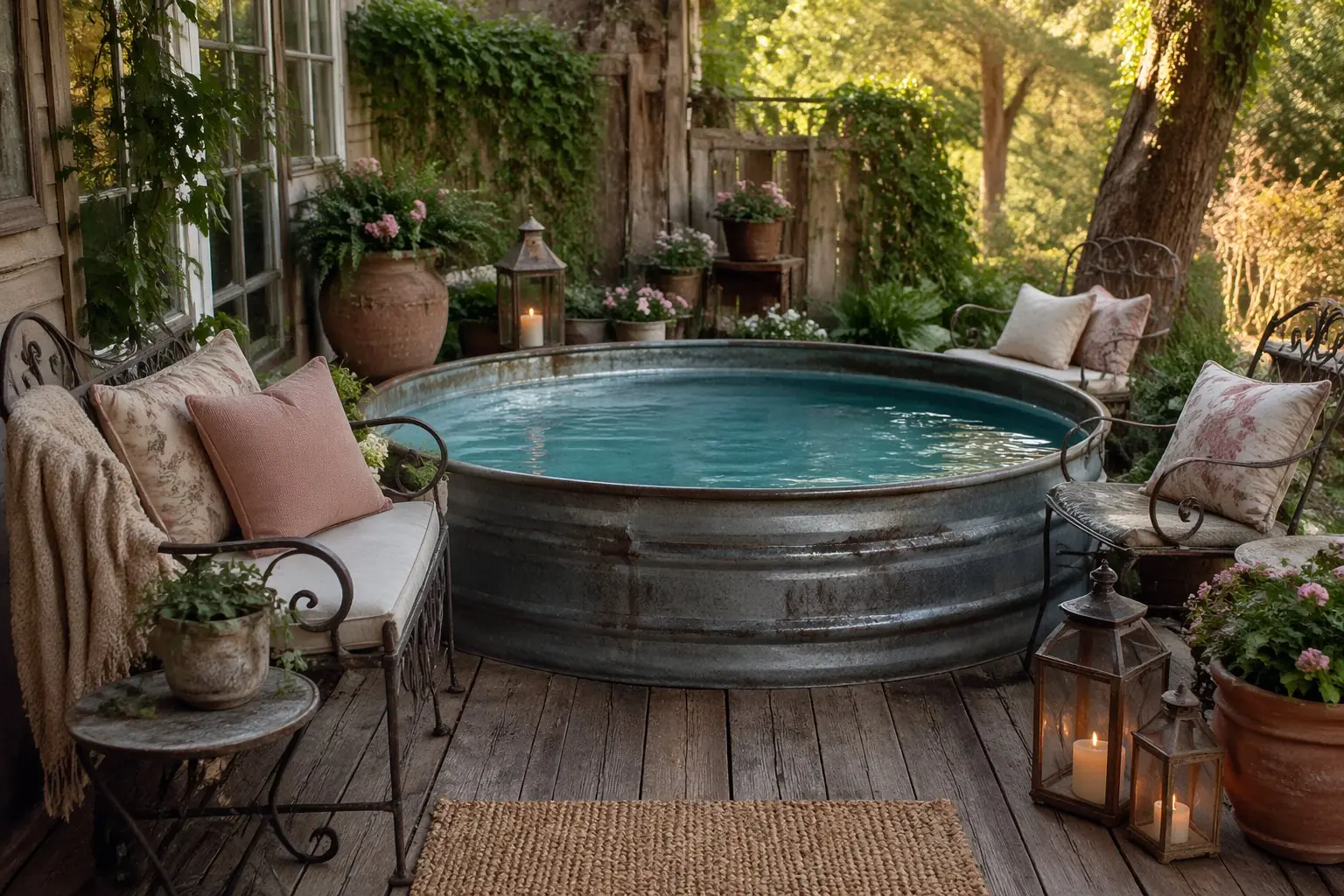 A small rustic pool made from a stock tank surrounded by outdoor chairs, cushions, plants, and a garden setting.