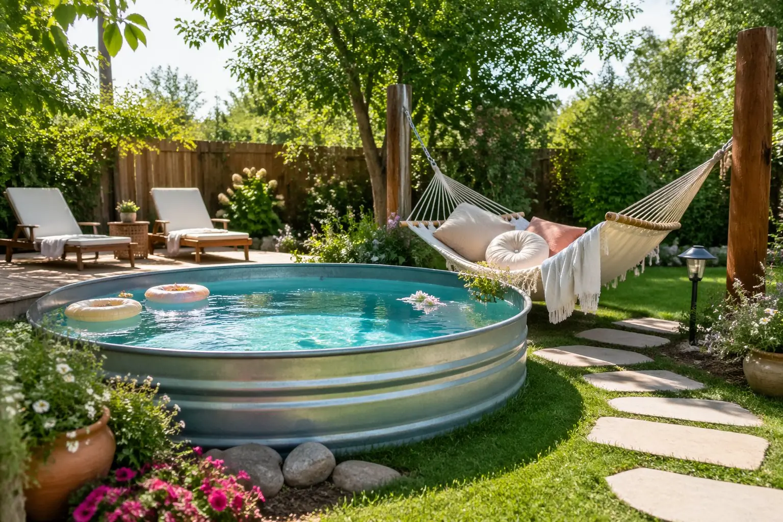 A backyard scene with a hammock next to a stock tank pool surrounded by green plants and trees on a sunny day.