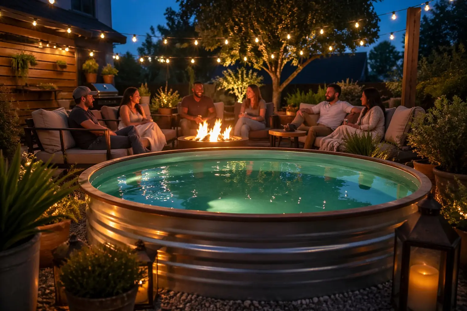 A group of people gathered around a fire pit next to a glowing pool in a backyard at dusk.