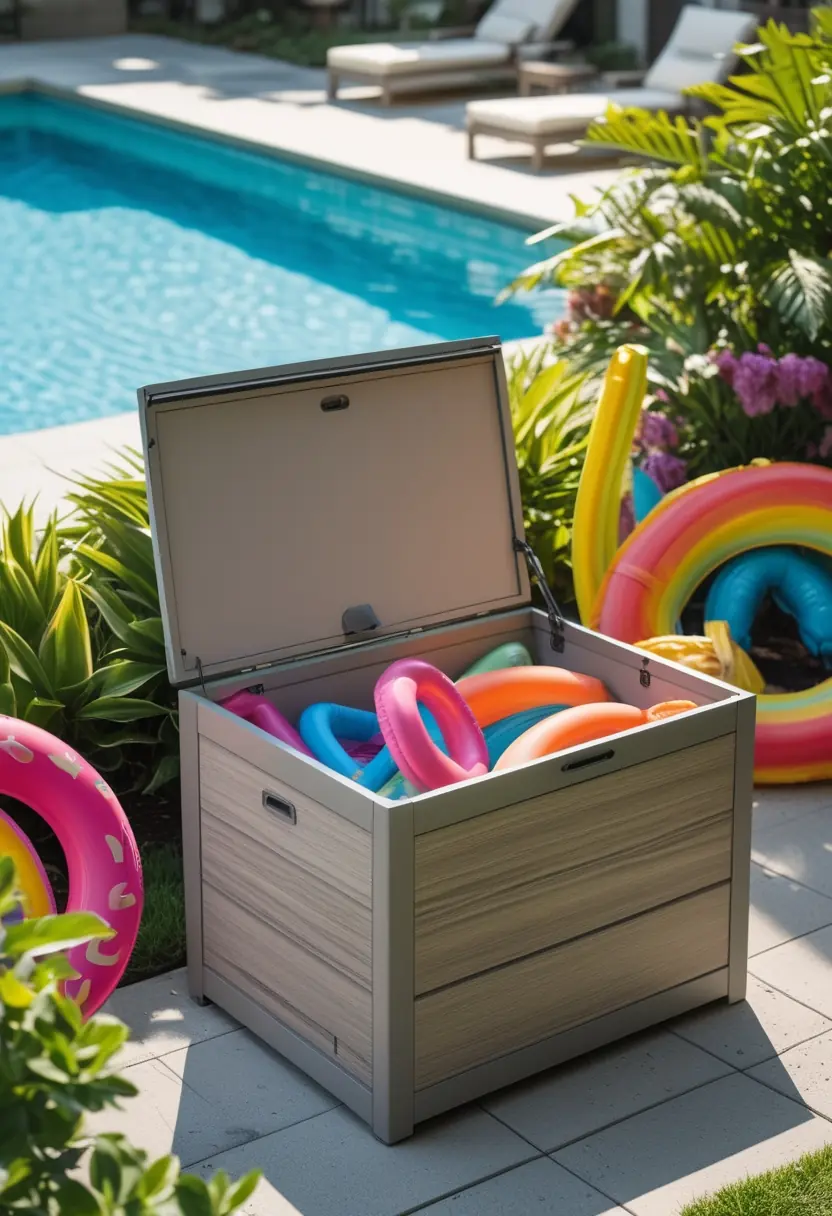 A backyard with a swimming pool and a hidden storage chest holding colorful pool floats, surrounded by green plants and patio furniture.