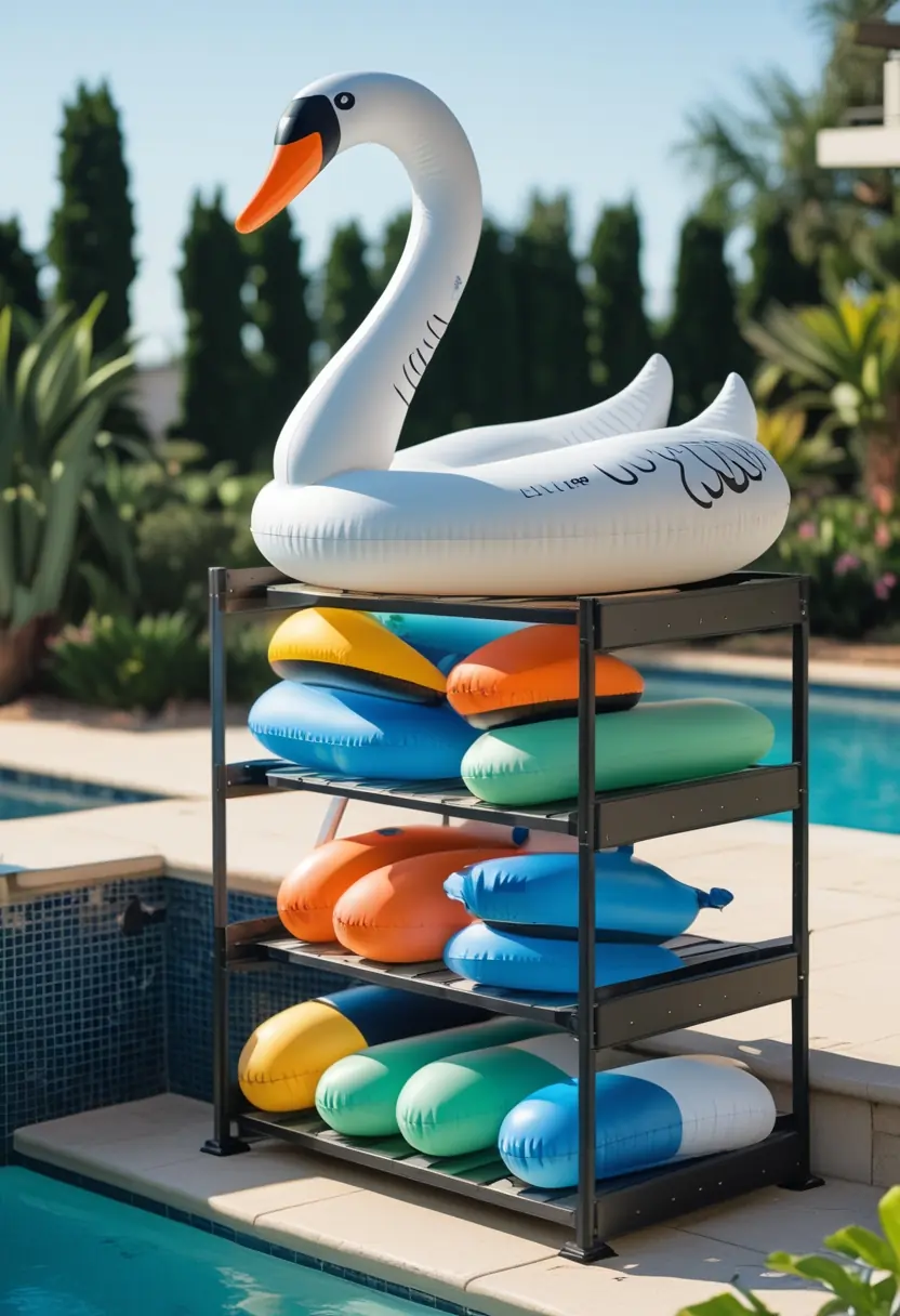 Outdoor pool area with a multi-level rack holding various colorful pool floats, including a large white swan float on top, next to a clear blue swimming pool.