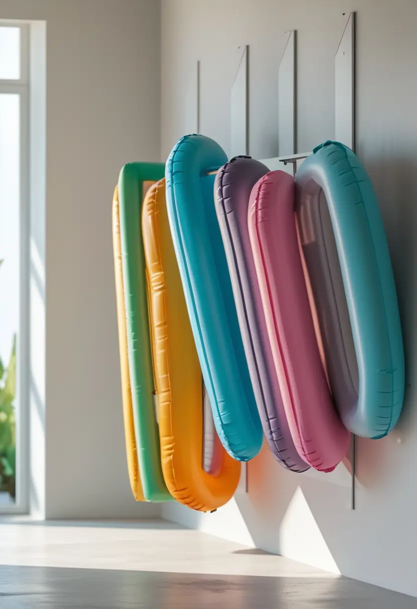 A wall rack mounted on a light-colored wall holding several colorful pool floats in a bright room.