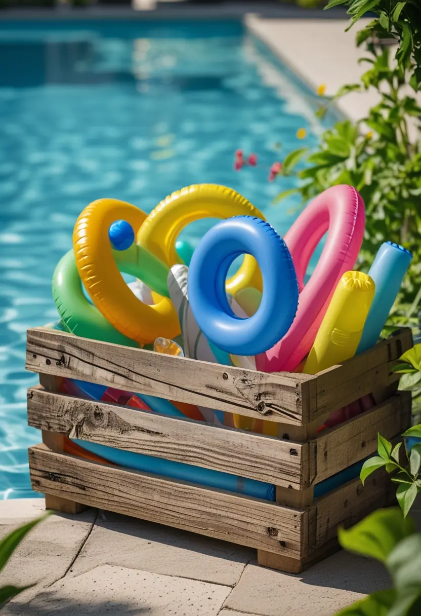 A rustic wooden crate filled with colorful pool floats next to a swimming pool surrounded by greenery.