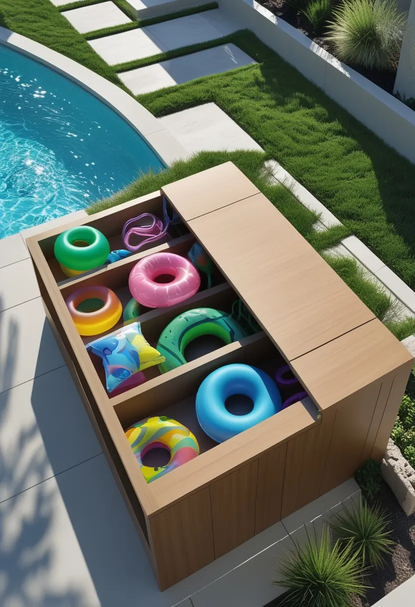 A modern backyard with a built-in wooden bench storing colorful pool floats next to a swimming pool surrounded by greenery.