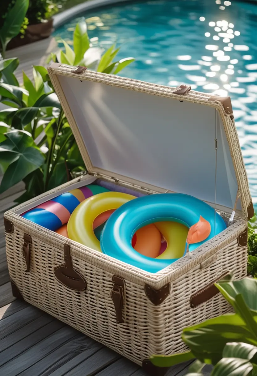 An open wicker trunk by a swimming pool filled with colorful pool floats on a wooden deck surrounded by plants.