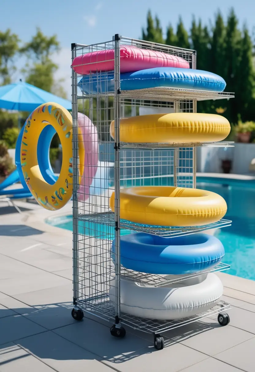 A rolling wire rack holding colorful pool floats next to a swimming pool on a sunny day.