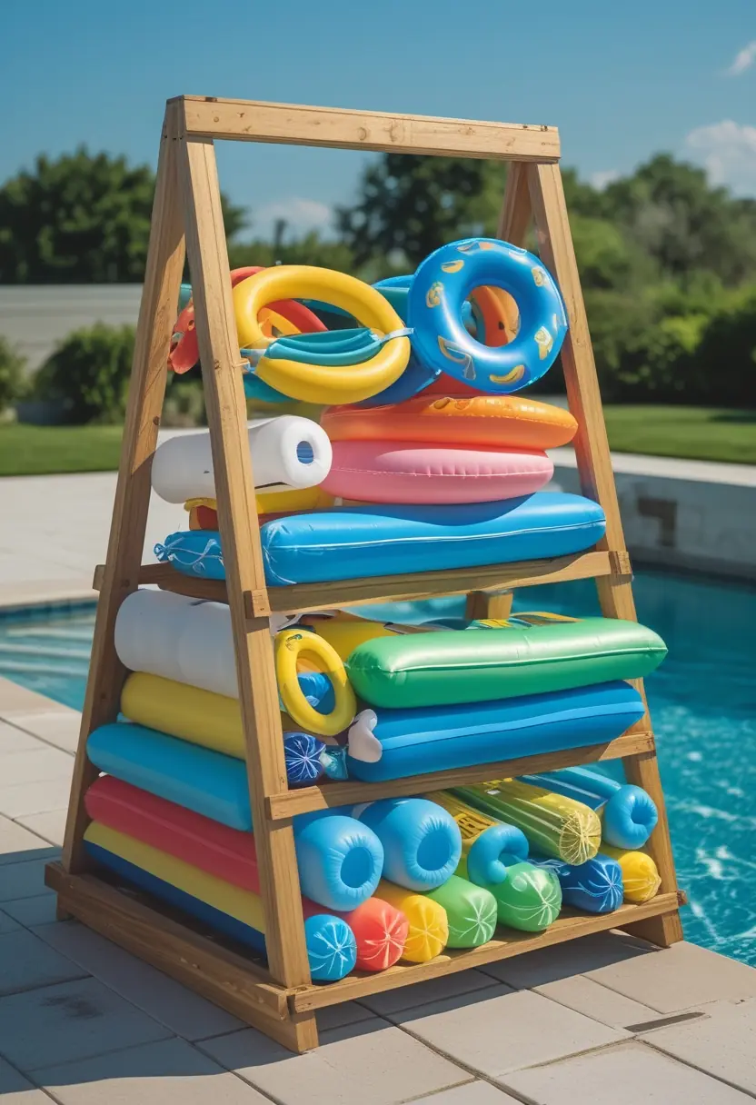 An outdoor wooden A-frame rack holding various colorful pool floats near a swimming pool with greenery in the background.
